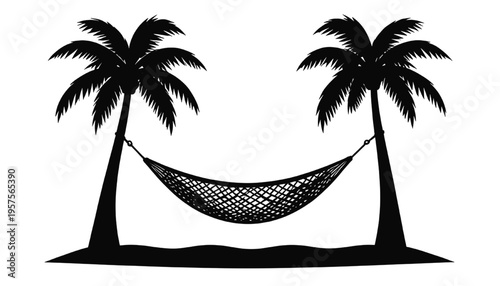 Palm Trees with Hammock Silhouette Tropical Beach Relaxation Scene. Tropical Hammock Between Palm Trees Silhouette Island Vacation Design.