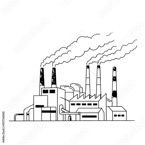 Factory building with smoking chimneys line art vector, industrial and pollution concept, AI