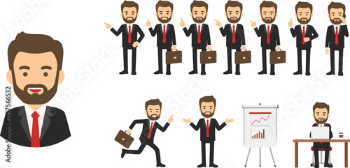 Businessman character set with different poses, office worker presenting report, running with briefcase, working on laptop, corporate professional avatar illustration collection