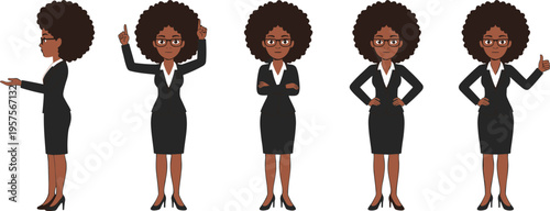Professional African businesswoman character set with different poses, confident corporate female manager avatar, office leadership and teamwork concept illustration