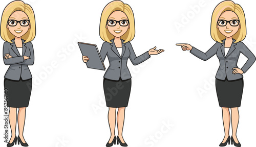 Professional businesswoman character set with different poses, office manager holding tablet, pointing and standing confident, corporate female avatar illustration isolated