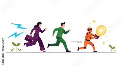 Humans and robot racing with an idea lightbulb, AI innovation concept