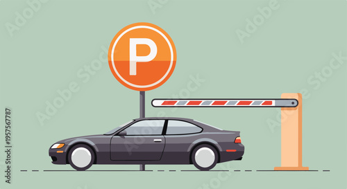 Flat design illustration of a car at an automated parking entrance with a sign