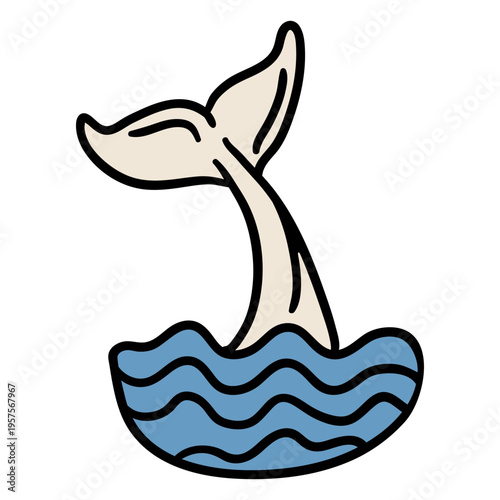 Whale tail slapping on water hand drawn