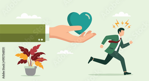 Businessman running from stress, offered heart of love and support