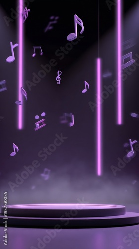 Illuminated stage with floating music notes, setting a vibrant musical atmosphere.