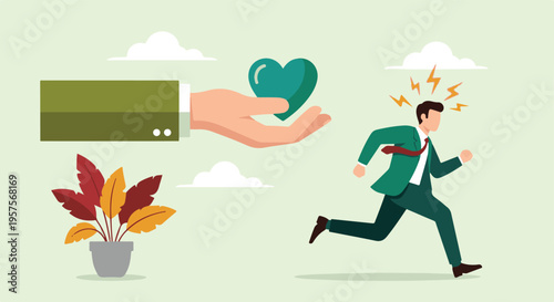 Stressed businessman running away from a hand offering a heart symbol