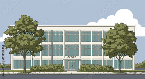 Modern office building exterior with trees and bushes, a clean business workplace