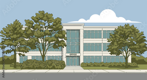 Modern office building exterior with lush trees, bushes, and a sidewalk