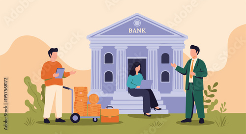 People conducting financial transactions and digital banking at a modern bank