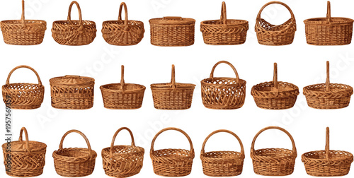 Tableau sur toile Wicker Basket Collection Vector Set with Rustic Handmade Storage Containers, Pic