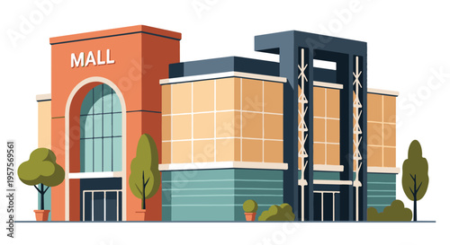 Modern shopping mall building exterior, flat vector illustration