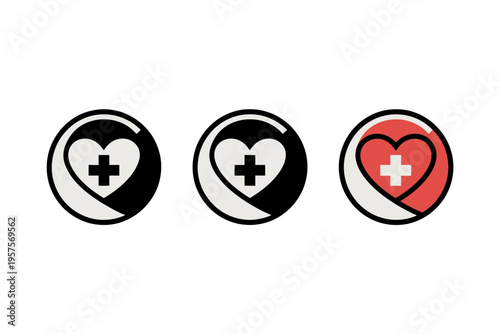 A set of three medical heart icons with a cross symbol in the center, designed as flat vector graphics with a minimalist style.