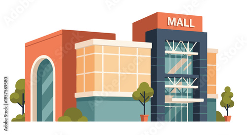 Modern shopping mall building exterior with 'MALL' sign, flat vector illustration