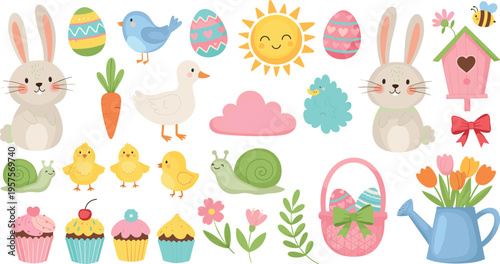 Cute Easter Elements Set with Bunny Chick Eggs Flowers Sun Cupcakes Snail and Watering Can Vector Illustration Spring Holiday Kids Collection for Stickers Designs