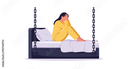Sad woman sitting on a bed suspended by chains, symbolizing mental struggle
