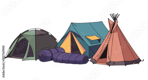 Collection of various camping tents and outdoor sleeping bags for leisure travel