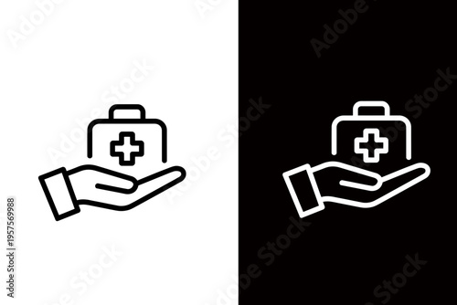 A minimalist vector graphic of a hand holding a first aid kit with a cross symbol, representing medical care and assistance.