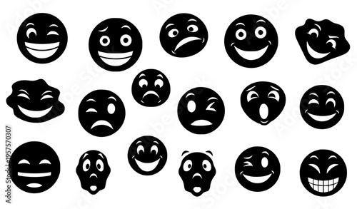 Playful cartoon smiley silhouettes expressive emoji faces vector bundle isolated on white background