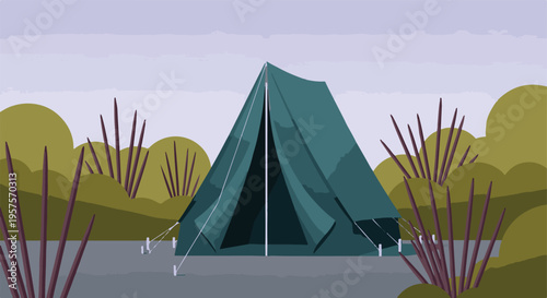 Green camping tent in a minimalist outdoor landscape with stylized plants