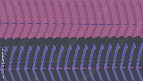 An old empty stadium with abstract metal architecture where a piano built from blue and white plastic pipes and blue and pink ribbons looks like a patterned technological typewriter 