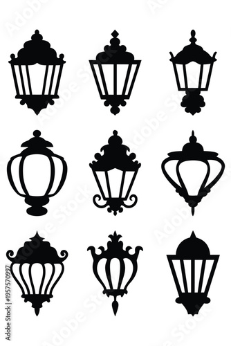 Vintage street lantern silhouettes set, antique outdoor lamp icons and classic lighting elements
