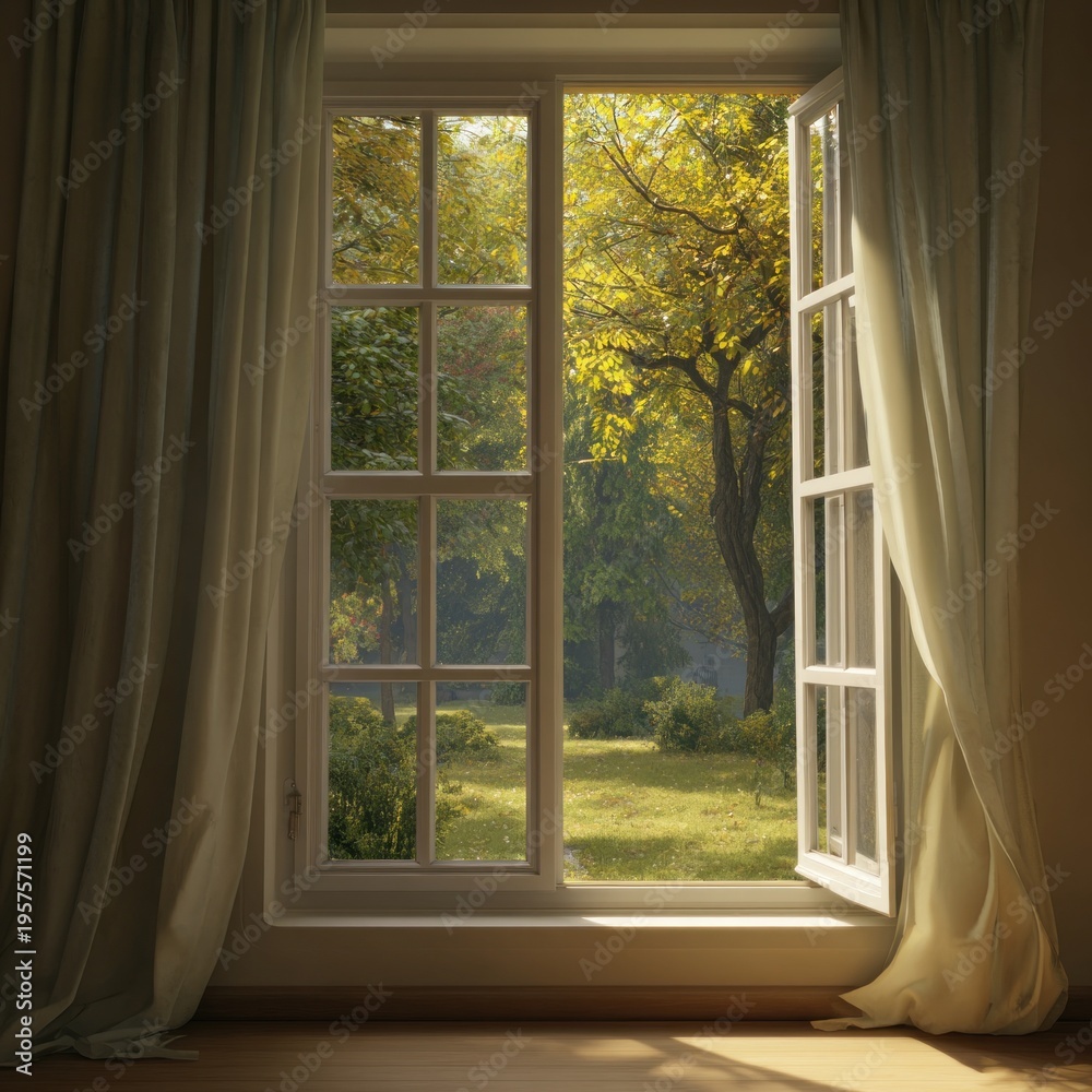 Fototapeta premium Natural light fills the room as the window stands wide open. A gentle breeze moves the curtain, revealing a bright green park with trees