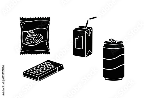 Black and white vector icons of popular convenience food and drink items. This set features a snack bag, juice box, soda can, and chocolate bar, perfect for modern graphic design
