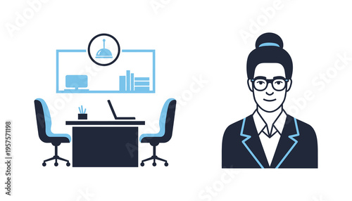Modern office interior with a professional businesswoman, symbolizing a productive and efficient work environment for collaboration and success
