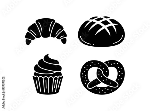 A collection of four distinct baked goods, including a croissant, bread, cupcake, and pretzel, presented in a stylized, monochrome iconographic format