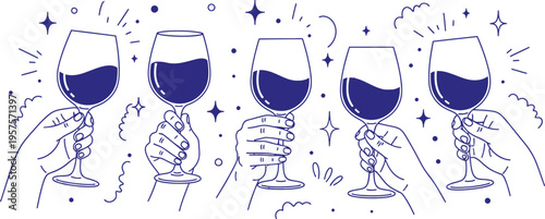 Illustration of four hands holding wine glasses with blue wine and sparkles