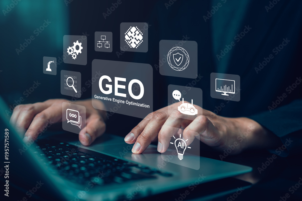 Foto Hand use laptop with virtual GEO generative engine optimization interface and AI