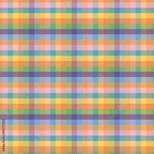 Colorful retro plaid seamless pattern with vibrant stripes in warm and cool tones, ideal for fashion prints, home decor, wrapping paper, and modern textiles.