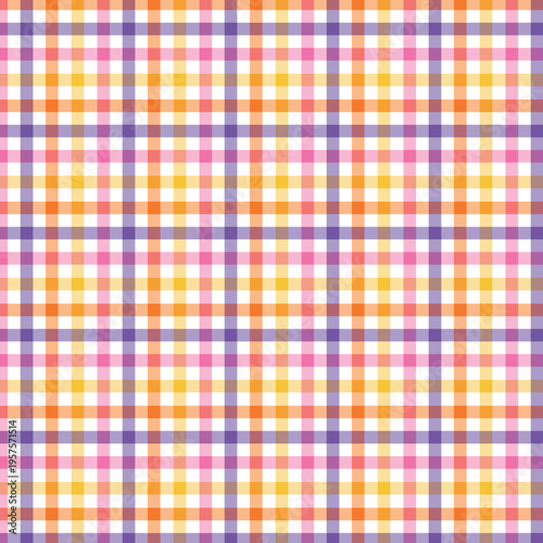 Bright geometric plaid seamless pattern with bold orange, pink, and purple stripes, great for fashion textiles, packaging, and eye-catching backgrounds.