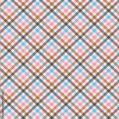 Diagonal multicolor plaid seamless pattern with soft pastel tones, perfect for stylish fabric design, digital backgrounds, and trendy surface patterns.