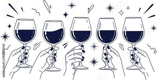 Four wine glasses with different amounts of wine and festive atmosphere