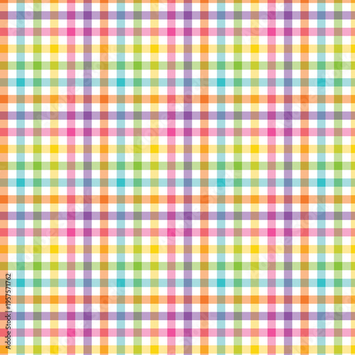 Bright multicolor plaid seamless pattern with lively stripes and soft tones, perfect for modern textiles, fashion prints, packaging, and vibrant backgrounds.