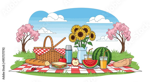 Summer Picnic Basket with Food, Fruit, and Flowers on Red Checkered Blanket