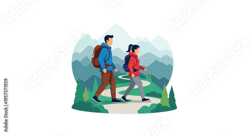 Couple hiking on mountain trail, adventure, nature, outdoor activity