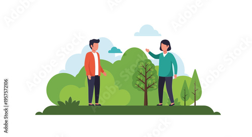 Two People Standing in a Lush Green Landscape, Discussing Nature