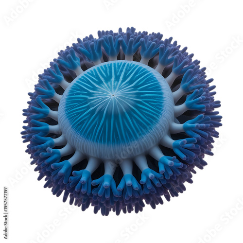 Microscopic view of a blue virus particle isolated on transparent background with distinctive spikes and a circular structure