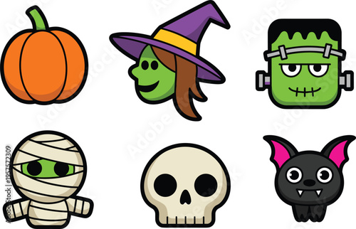 Set of six cute Halloween emoji icons, flat vector illustration of pumpkin, witch, monster, mummy and skull