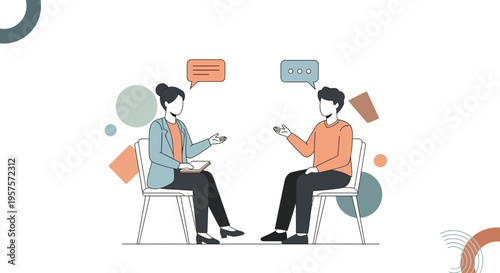 Two people talking in a conversation, communication, discussion, therapy session, interview