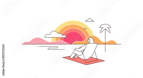 Woman relaxing on beach chair watching sunset, minimalist illustration