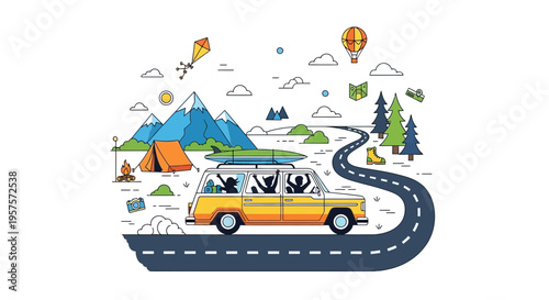 Family road trip adventure in retro car with surfboard, camping and mountains