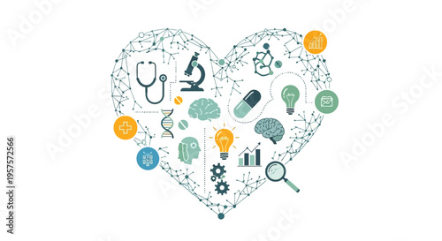 Heart-shaped medical research network with science icons, healthcare, innovation, and cardiology