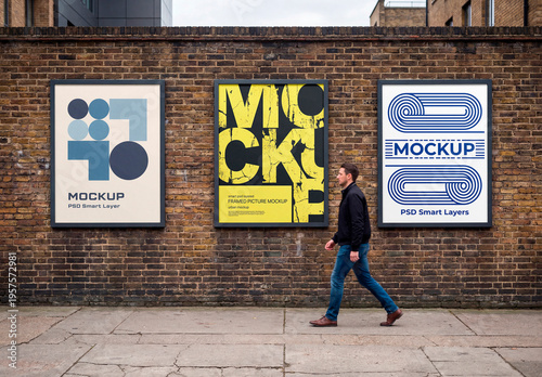 Three urban street billboards on brick wall mockup