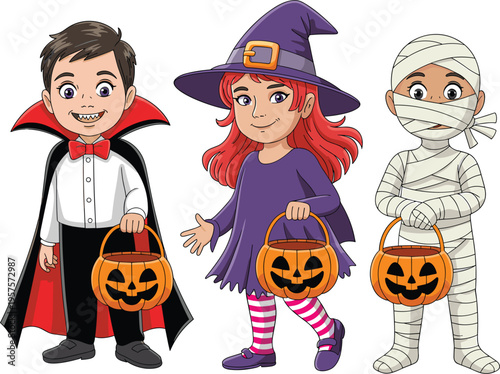 Three children in Halloween costumes with pumpkin buckets, flat vector illustration of vampire, witch and mummy
