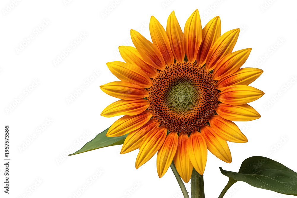 Obraz premium Sunflower blossom with vibrant yellow petals and green leaves on transparent background, conveying summer nature and growth