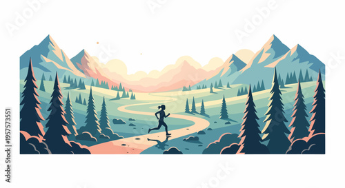 Silhouette of a runner on a winding path through a serene mountain landscape at sunrise.